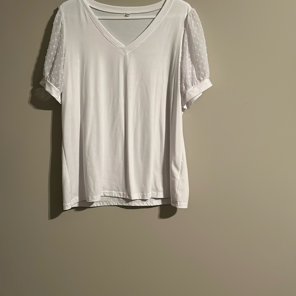 Elegant White Swiss Dot Puff Sleeve V Neck Top - Loose Casual Top - Picture 5 of 9